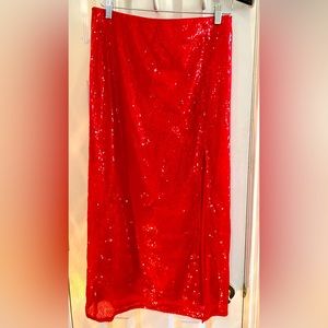 Fun, sparkly red leather long pencil skirt, size Medium with slit